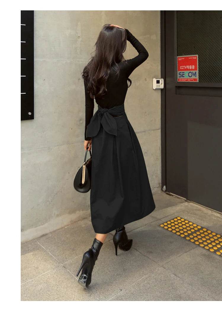 Skirts Womens Korean Fashion Solid Color Big Swing Ladies Skirt Long Skirt 2025 Autumn Wild High Waist Bow Slim Skirts - AIAZ