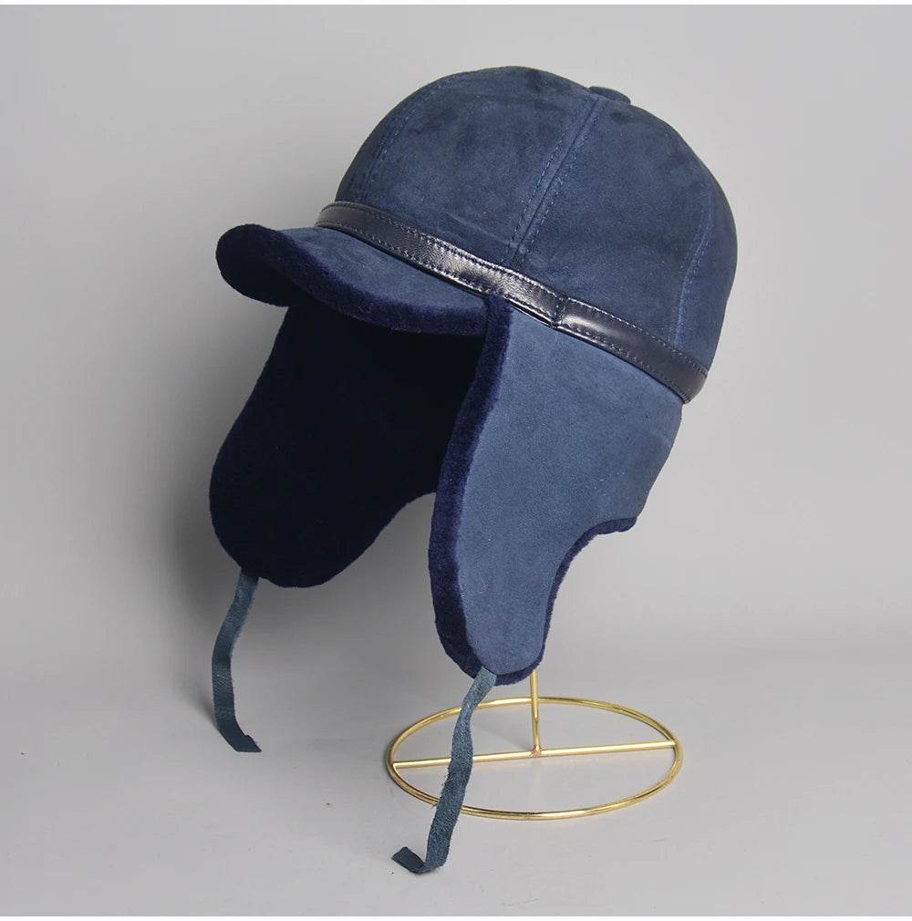 High Quality 2025 Winter Leather Hat Men Fur Lamb Wool Warm Thick Earflaps Bomber Hats Men's Baseball Cap Russian Hat - AIAZ