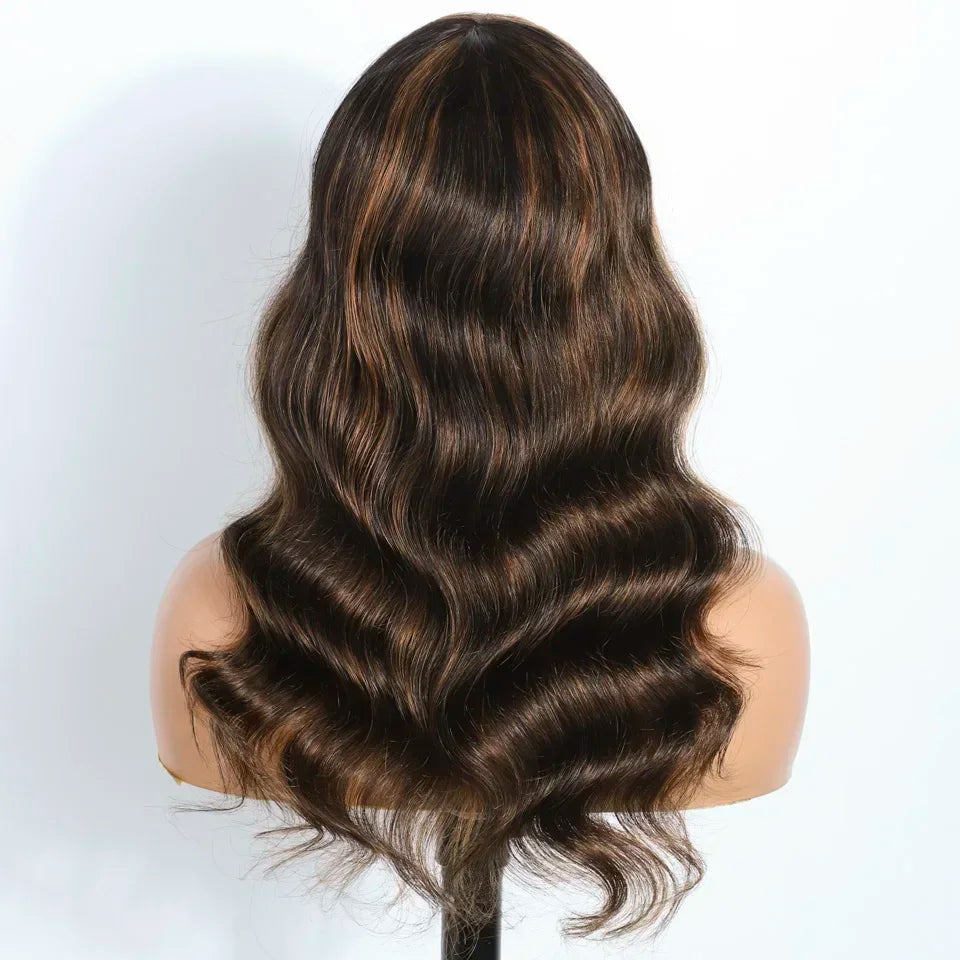 180D Highlight Body Wave Human Hair Wig With Bangs Put On And Go Ombre Blonde Peruvian Body Wavy Human Hair Wigs For Women