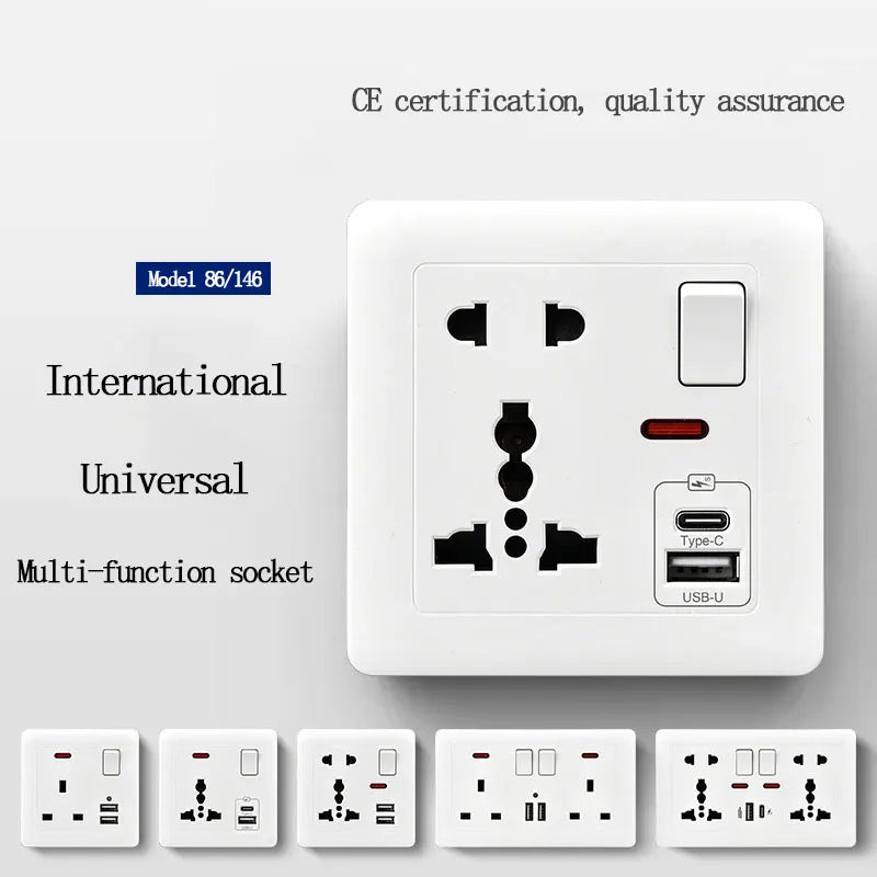 146 Type 2 Gang Multi-Ten-Hole Socket With 2Port USB Type-c 10w Fast Charging Panel British standard double five-hole socket