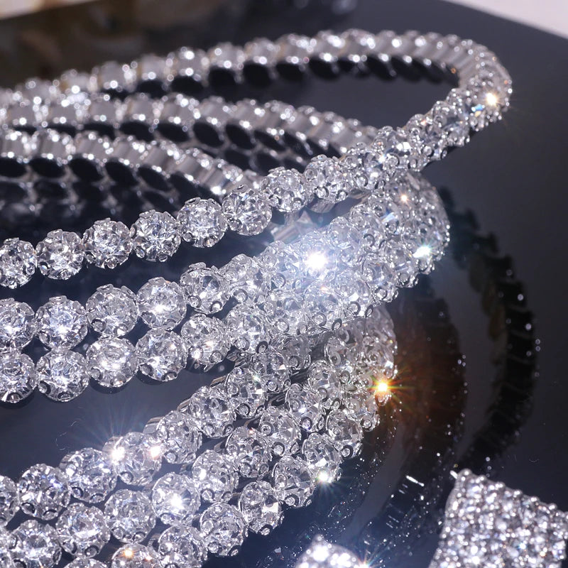 Classic Rhinestone Crystal Choker Necklace Earrings and Bracelet Set for Women Silver Color Bridal Wedding Party Jewelry Sets