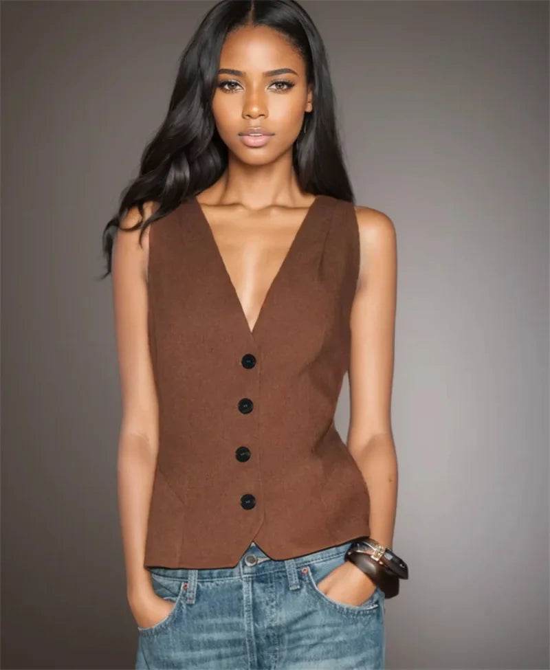 Women's Vest New Summer 2025 Solid Color Sleeveless Blend Vest Sexy V-neck Design Casual and Versatile Personality Fashion - AIAZ