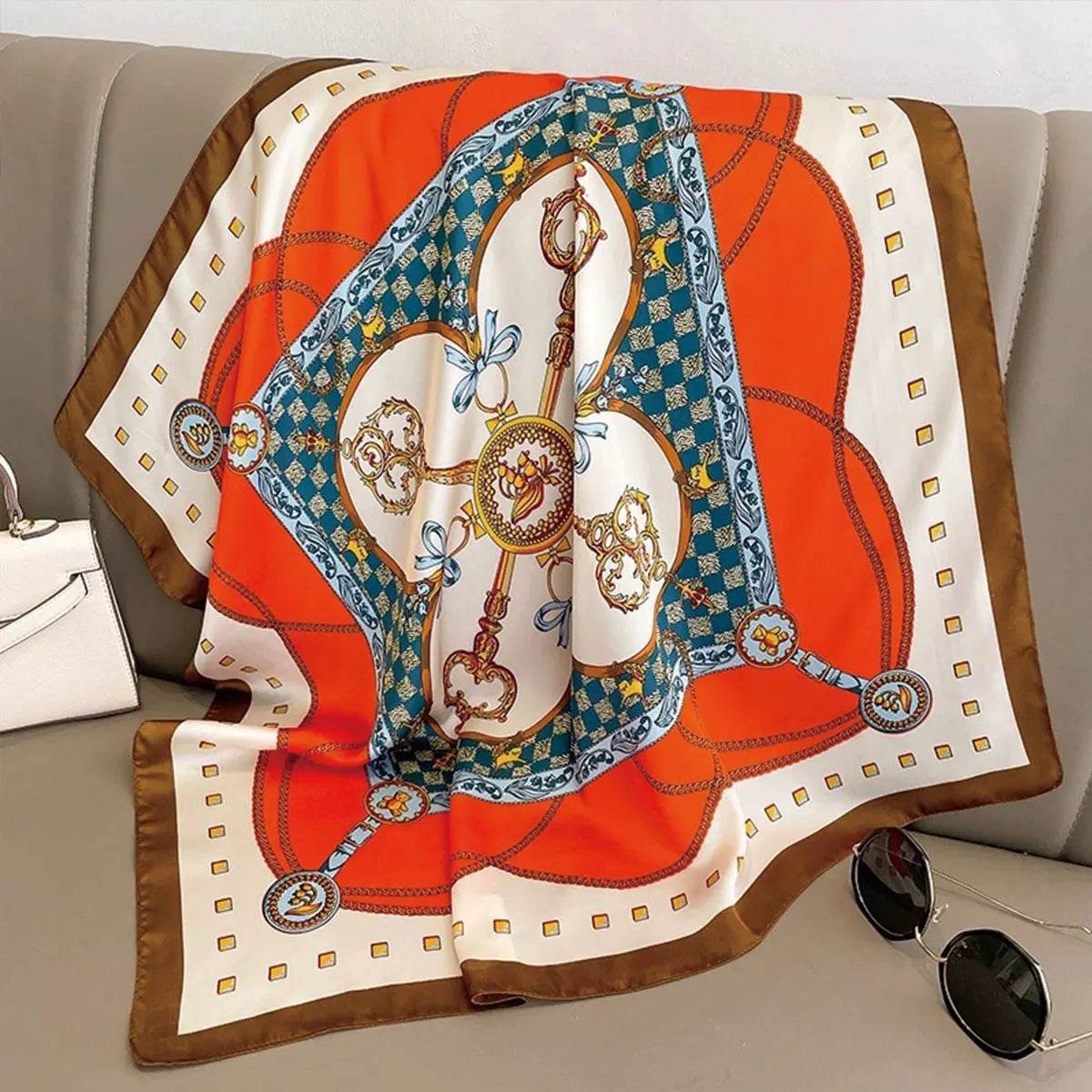 70x70cm Fashionable Korean Style Silk Square Scarf Satin Print Hairband Necktie Hair Accessory Headscarf Versatile Wrap Scarf - AIAZ