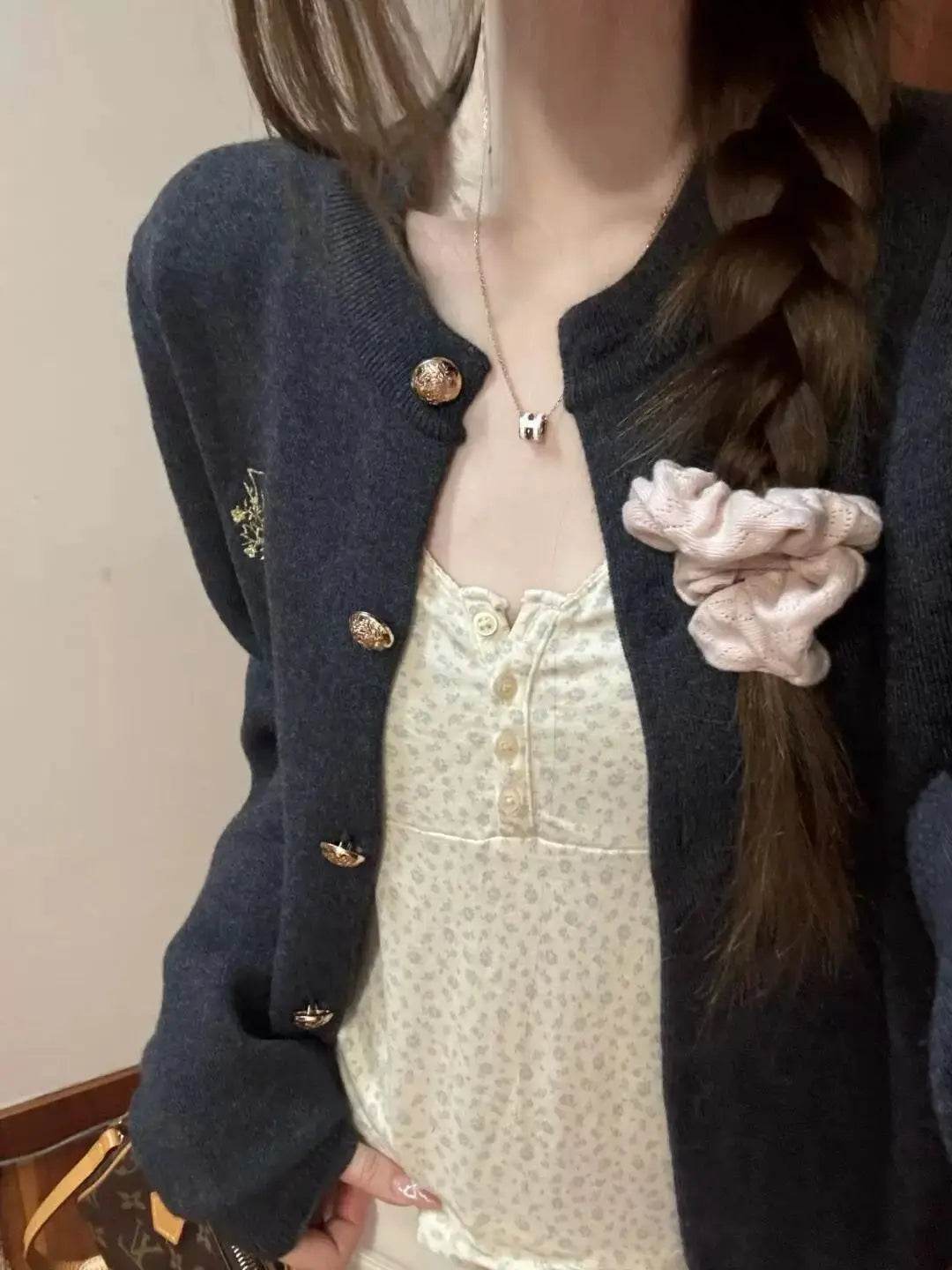 Gray Cardigan Sweater Women Loose Short Knit Coat For Spring And Autumn - AIAZ