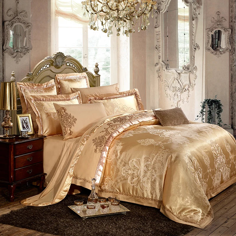 Sliver Gold Luxury Silk Satin Jacquard duvet cover bedding set queen king size Embroidery bed set bed sheet/Fitted sheet set