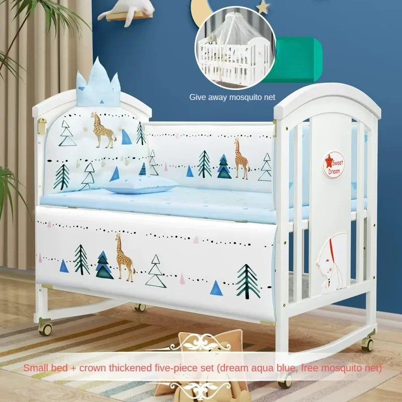 Solid wood spliced crib Multifunctional European style children's bed Movable newborn cradle large bed Baby Rest Chair