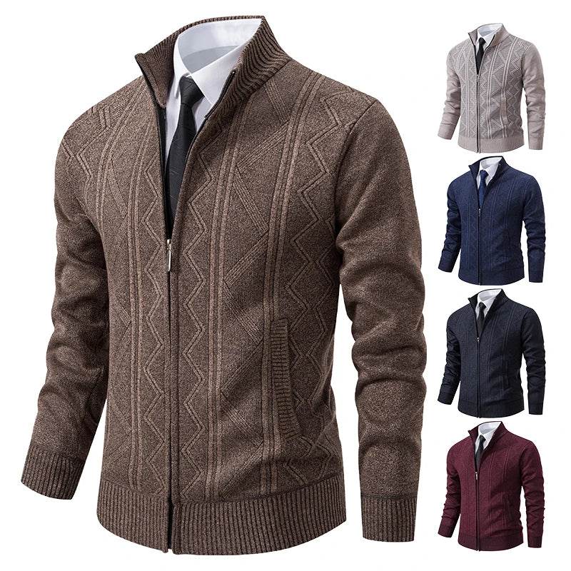 Thickened jacket men's autumn and winter warm trend line stand collar knitted cardigan sweater coat - AIAZ