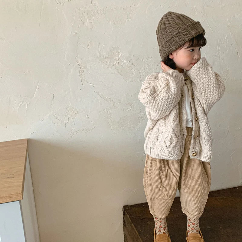 1 2 3 4 5 6 7 8 Years Girls Knitted Sweater Cardigan New Fashion Baby Coarse Wool Hemp Retro Cardigan Boys Coat Kids Clothes