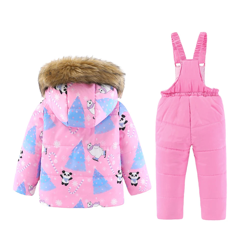 4-8T Kids Girls Ski Suits Hooded Snowboard Coats Children Winter Warm Pant Outdoor Sportwear Thick Cotton Snowboard Skiing Suit