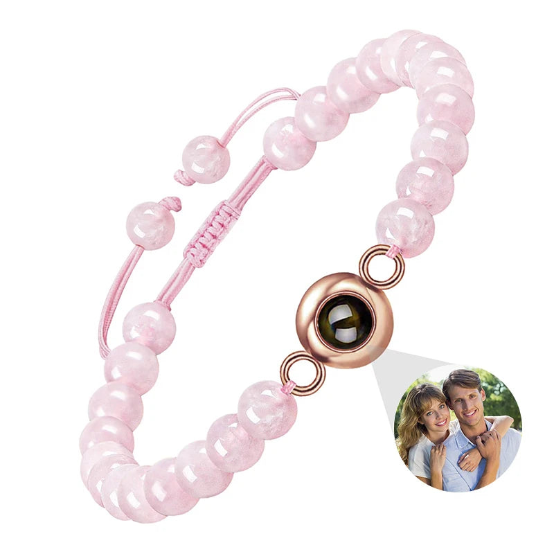 Natural Stone Beads Personalized Picture Bracelet Pink Zebra Stone Custom Photo Projection Bracelet Memorial Gifts for Women Men