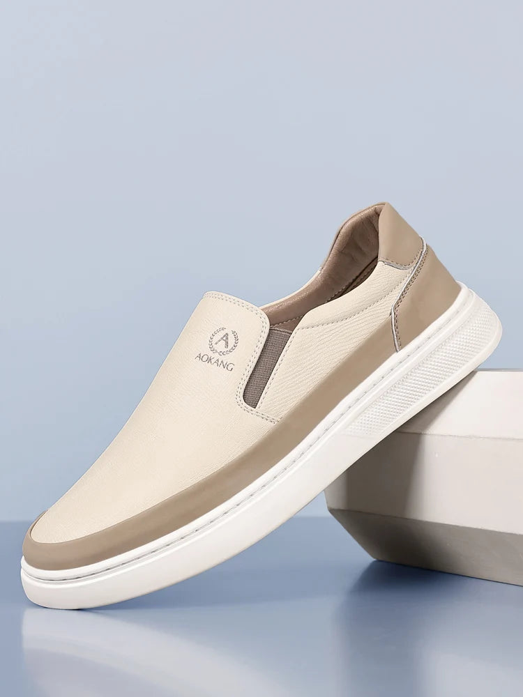 Aokang Men's Slip-On Casual oes Breathable Soft Bot Bean Leather oes Comfortable Rubber Sole Low Heel round Toe