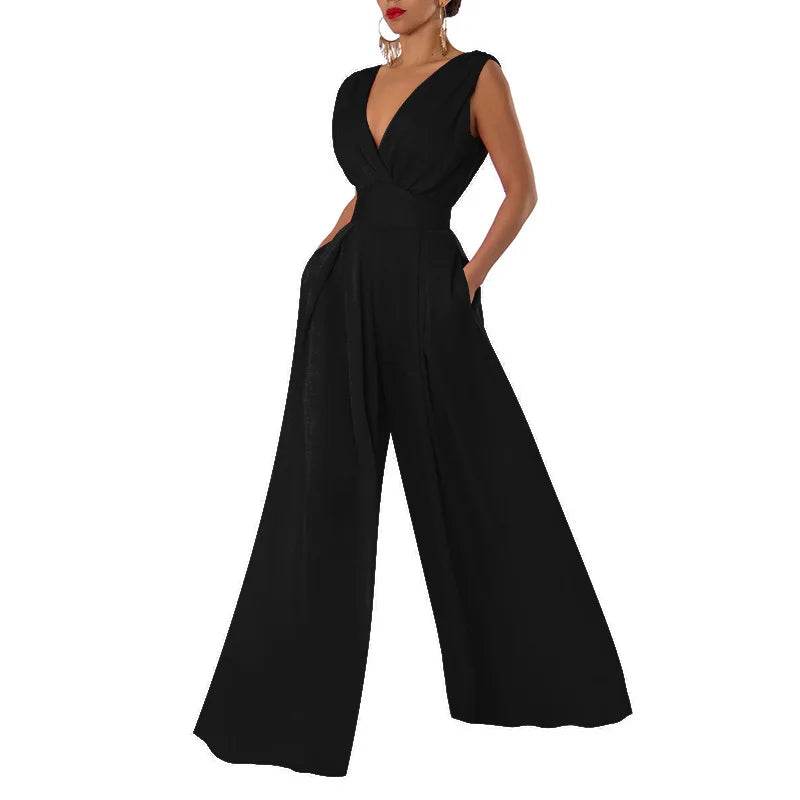 Jumpsuit Women Summer New Sleeveless Sexy Deep V-neck Solid Color High Waist Wide Leg Jumpsuits Elegant Commuting Lady Playsuits - AIAZ
