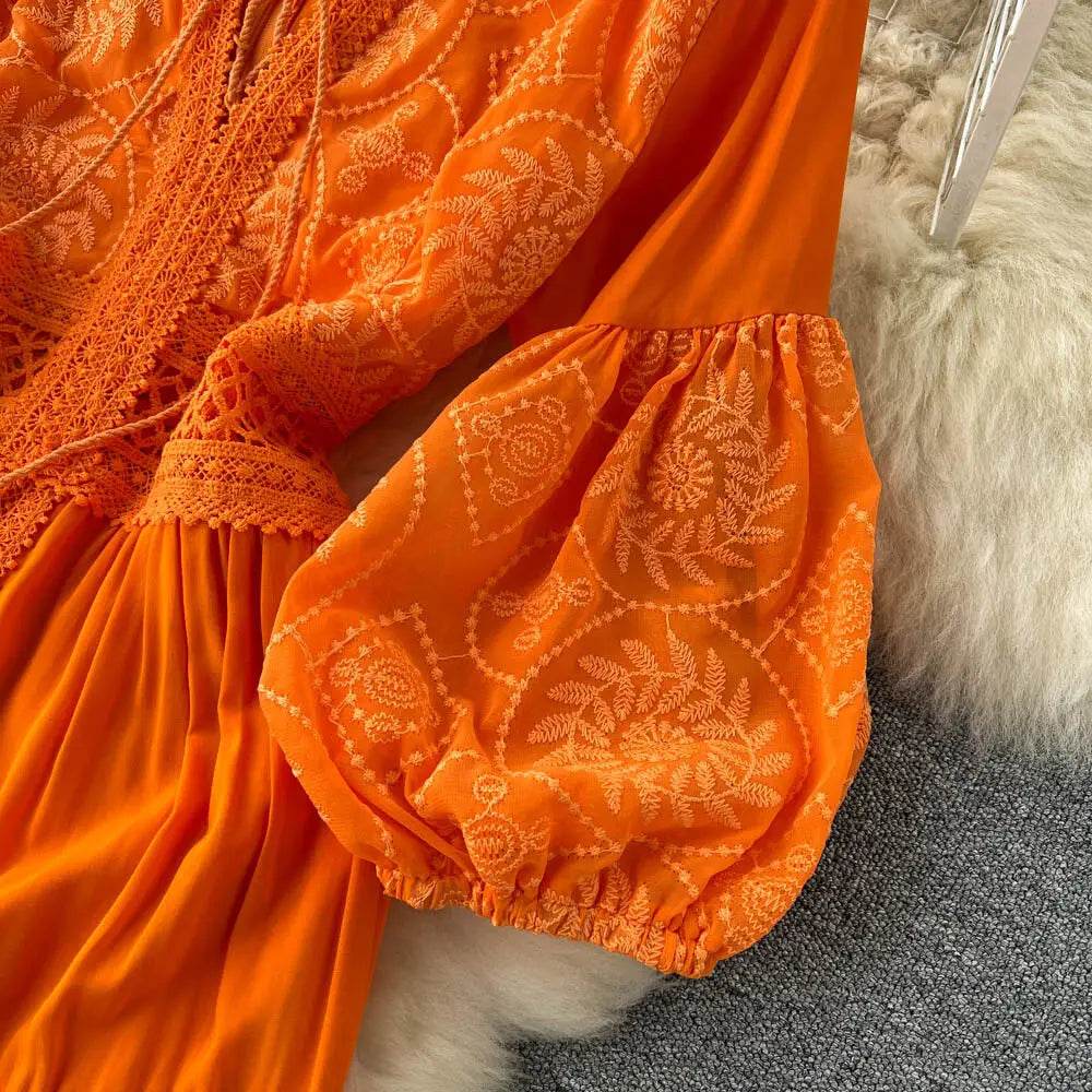 New Women Lantern Sleeved Elegant Dress Summer French Hollowed Out Mid Length Dresses Korean Style Vintage Long Dress - AIAZ