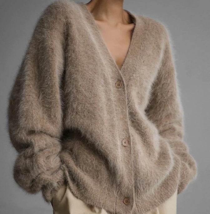 Cardigan for Women 2025 Autumn Fashion V-Neck Knitted Sweater Loose Solid Color Long Sleeves Casual Daily Cardigan Coat - AIAZ