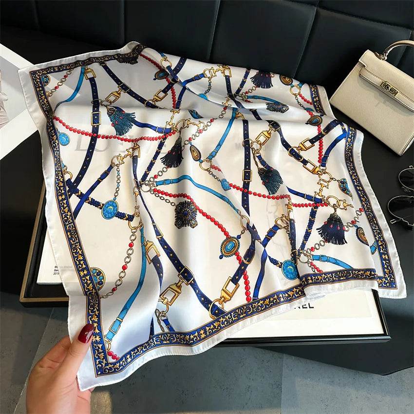 Luxury Chain Print Small Square Scarf Simulated Silk Thin Neck Scarf Fashion Sunscreen Headscarf For Women 70x70cm - AIAZ