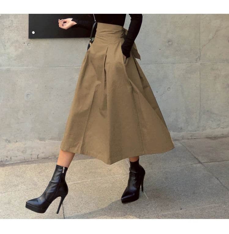 Skirts Womens Korean Fashion Solid Color Big Swing Ladies Skirt Long Skirt 2025 Autumn Wild High Waist Bow Slim Skirts - AIAZ