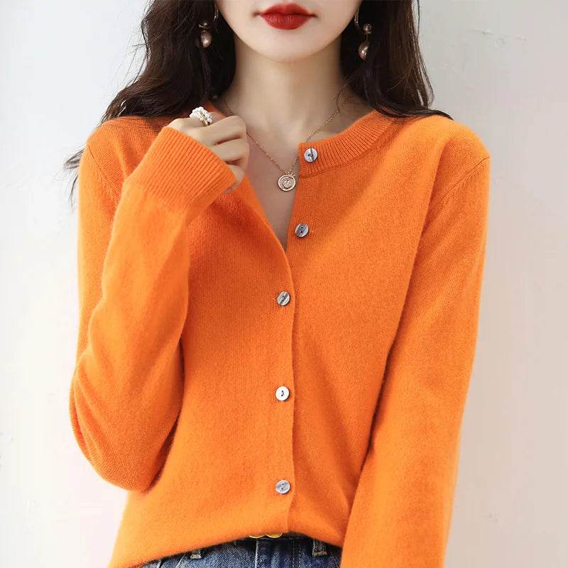 Knitted Cardigan Women's Sweater Autumn And Winter 2022 New Solid Color Coat Round Neck Short Long Sleeve Loose Korean Fashion - AIAZ