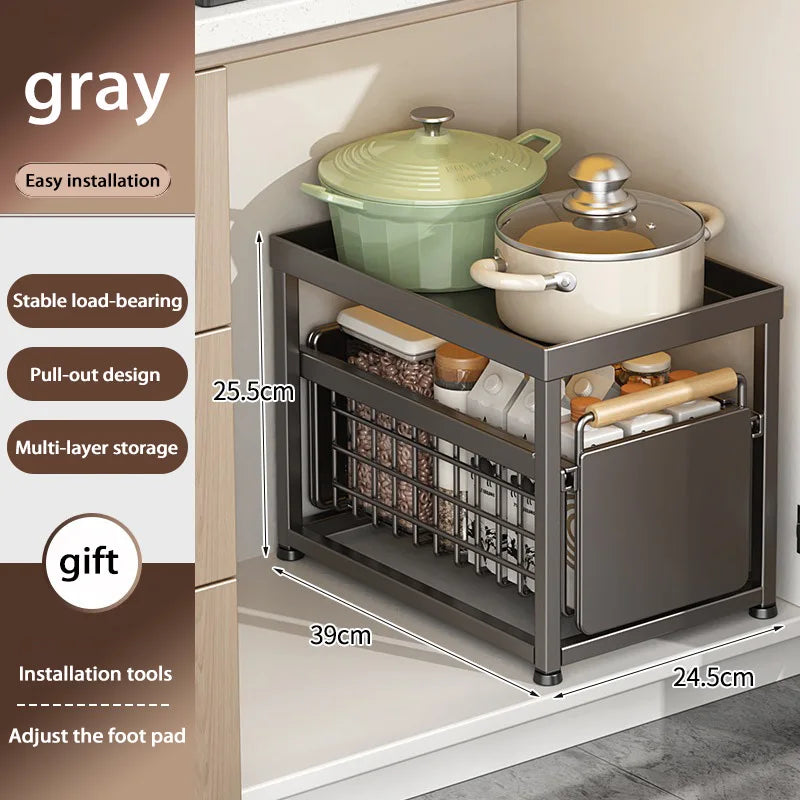 Under Sink Storage Rack Pull out Cabinet Organizer Kitchen Sliding Drawer Storage Basket Handle Bowl Plate Rack Holder Shelves