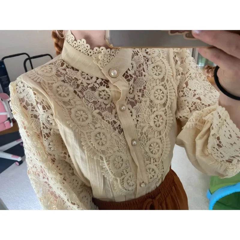 Women's Summer Lace Shirt Button White Top Fashionable Casual Top for Spring Autumn4107 - AIAZ