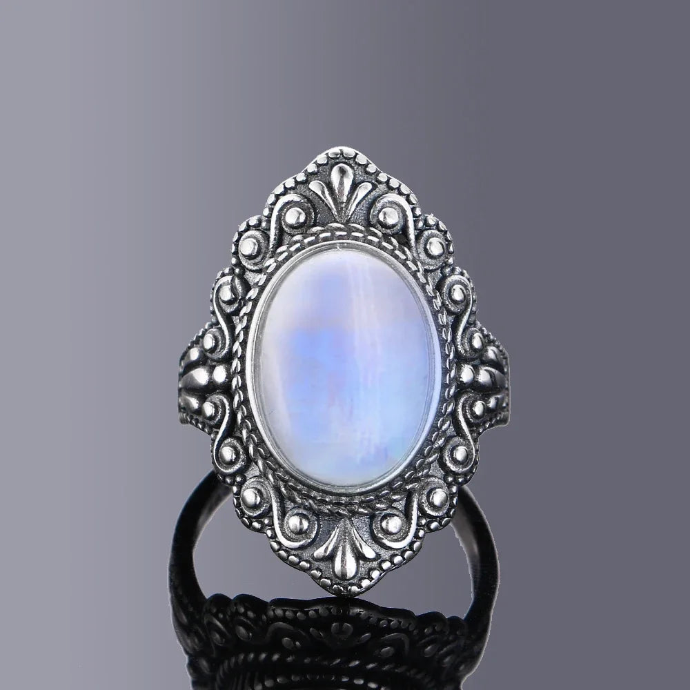 Retro Oval Natural Labradorite Rings for Women Men Silver Ring Finger Ring Retro Gemstone Rings Jewelry Party Gift