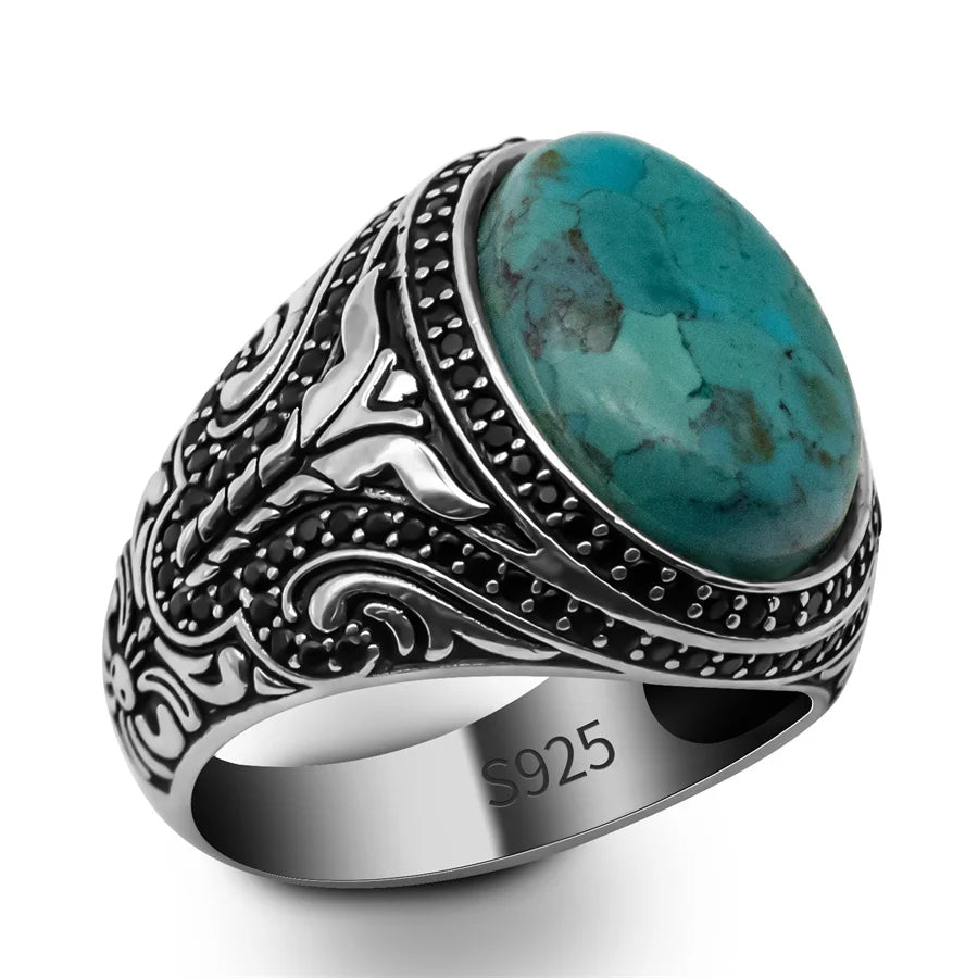 Natural Turquoise Stone Ring Men Pure Sterling Silver 925 Gemstone Ring Men Turkish Handmade Jewelry