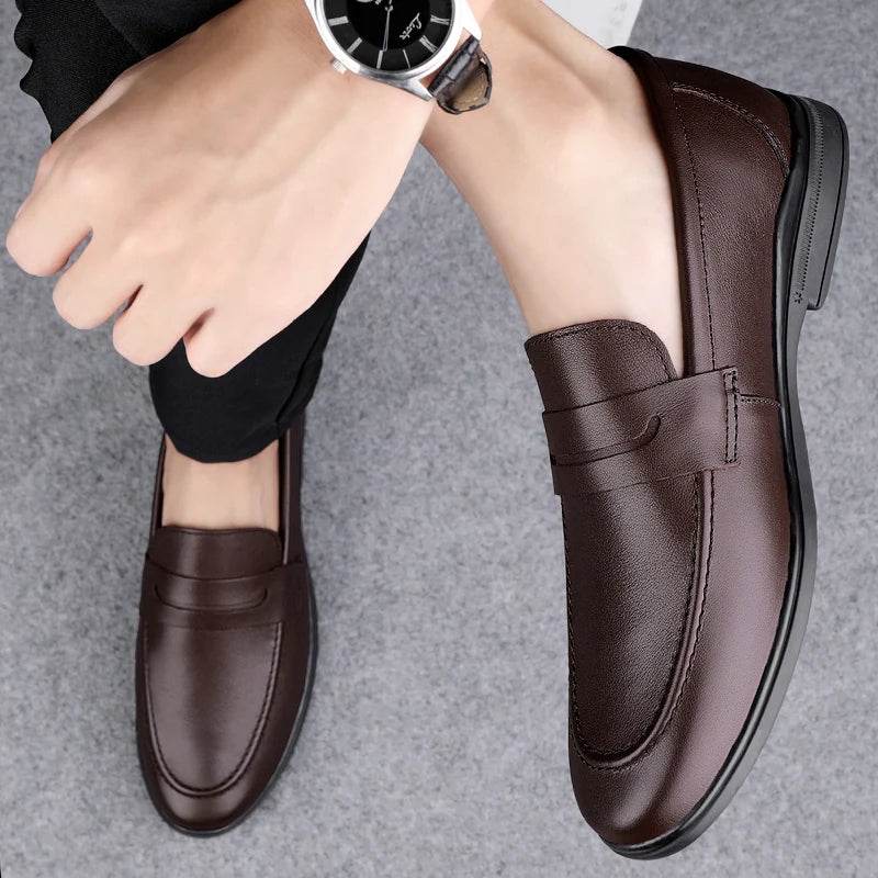 Classics Men's Brown Business Officially Shoes Leather Wedding Party Shoes for Men Quality Loafers Genuine Leather Pointed Shoes - AIAZ