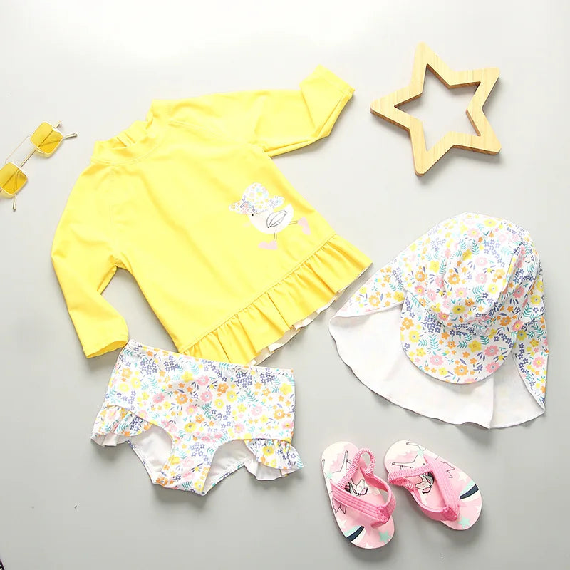 Baby Girl Swimwear Yellow Swimsuit for Girls UPF50 Sunscreen Children Swimming Suit Long Sleeve Infant Toddler Bathing Suit Kids