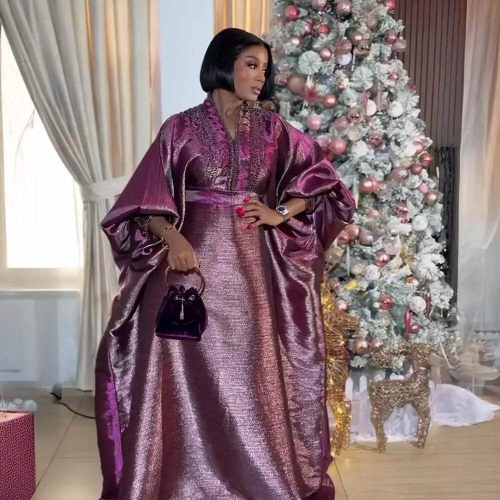 fashion turkey dresses for woman luxury elegant 2025 V-neck rhinestones dresses for church boubou african dresses - AIAZ