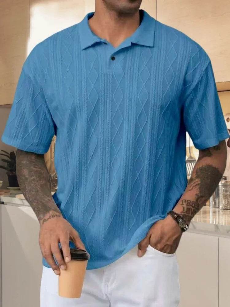 Men's 2025 retro loose texture knitted polo shirt with a lapel breathable high street casual fashion and comfortable short-sleev - AIAZ