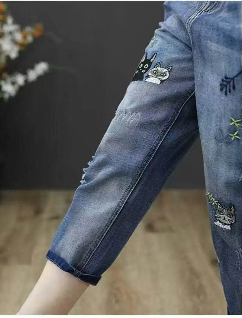 Womens Vintage Floral Loose Denim Pants 2025 Spring Chinese Style Casual Ripped Blue Jeans Holes Elastic Harem Trousers - AIAZ