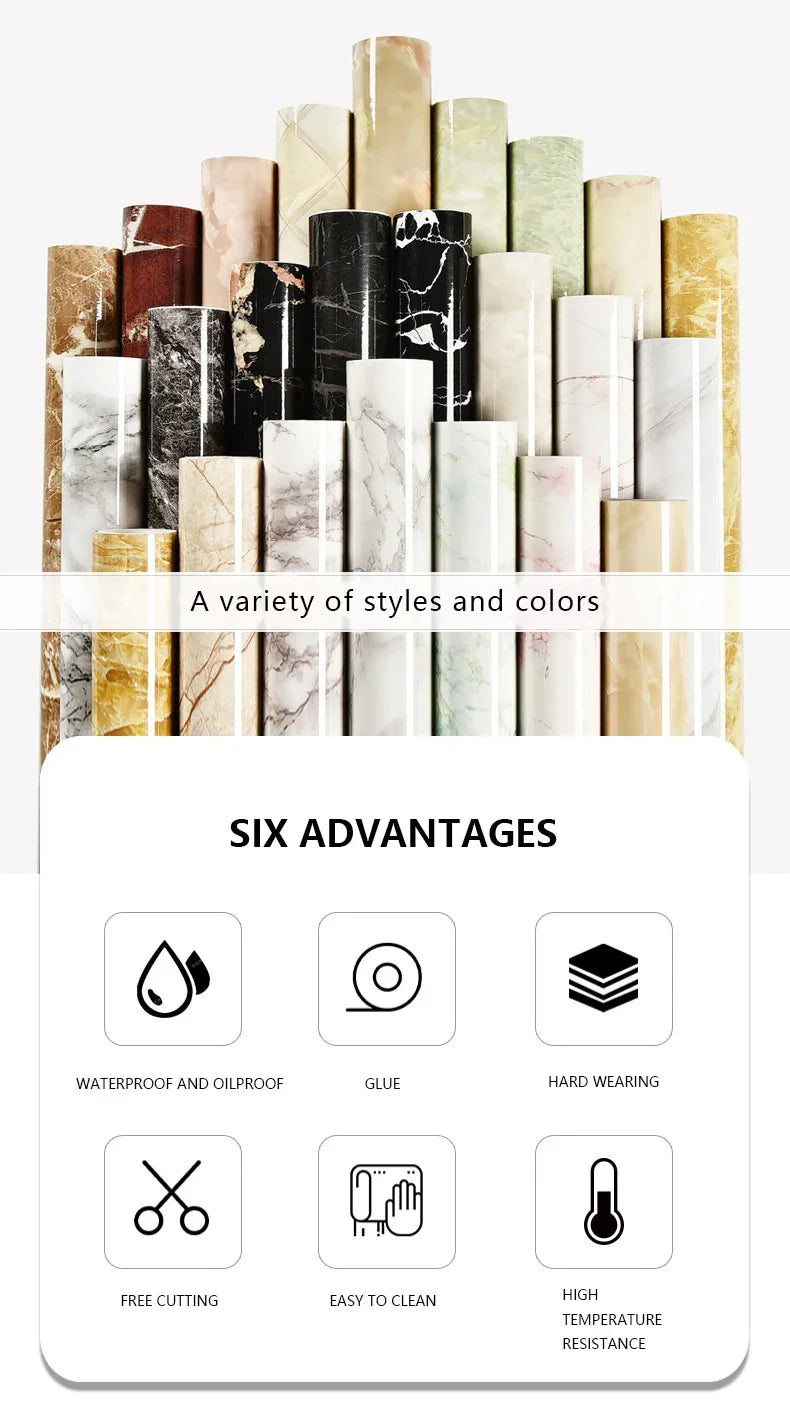 10m Marble Texture Oil Proof Self Adhesive Bathroom Tile Floor Waterproof PVC Cabinet Wallpaper Kitchen Furniture Wall Stickers