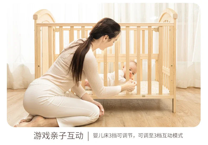 Baby Crib Multifunctional BB Baby Crib Solid Wood Unpainted Cradle Bed Movable Newborn Children Splicing Large Bed