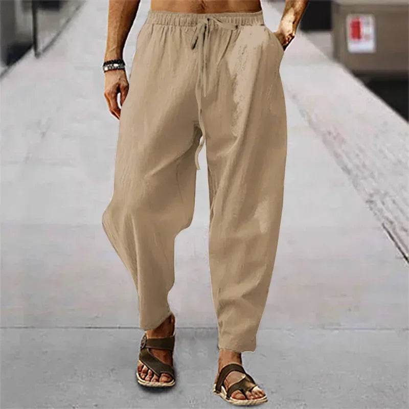 2025 Men Cotton Linen Pants Summer and Autumn Solid High Waist Wide-Leg Trousers Male Loose Hemp Casual Breathable Sports Pants - AIAZ