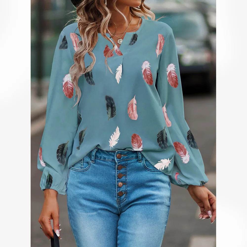 Fashion Woman Blouse Shirts For Women Stylish Top long Sleeve Feather Pattern Female Tops Elegant Chiffon Mujer Woman Clothes - AIAZ