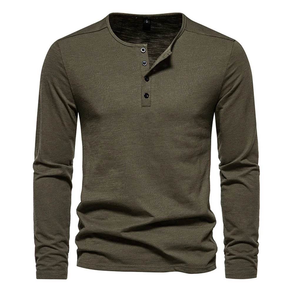 Men Long Sleeved T-shirt Cotton Slim Fit Bottoming Shirt Fitness Tops Tees Button Neck Casual Cozy Tshirt - AIAZ