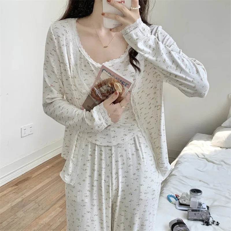 Three-Piece Pajama Set for Women Floral Lace Sweet Cardigan Camisole Homewear Long Sleeves Long Pants Fancy Underwear Ladies - AIAZ