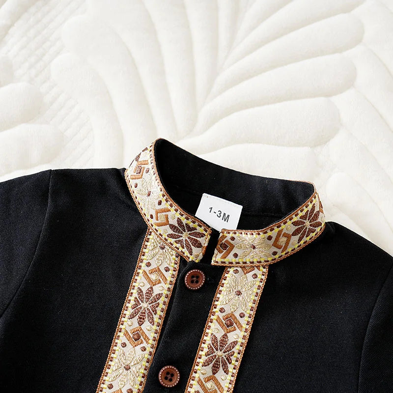 Ethnic Retro Lace Black Design 100% Cotton Soft&Comfortable 2025Newborn Summer0-18Months Boys and Girls Baby Short-Sleeve Romper