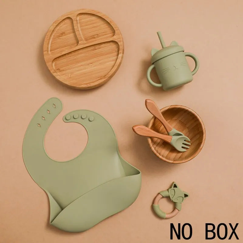 Wooden Dinner Plate Feeding Supplies Bamboo Baby Tableware Silicone Suction Plate Bowl BPA Free Baby Stuff Newborn Accessories