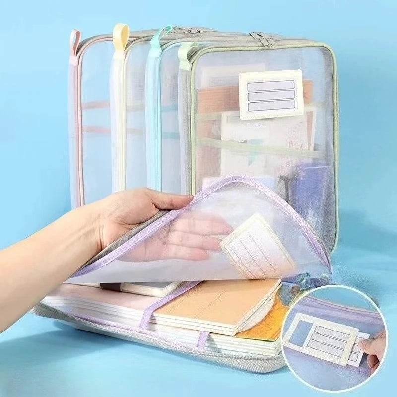 A4 Book Bag for School Double Layer Mesh Organizer Large Capacity Student Essentials Textbooks Folders Storage School Supplies - AIAZ