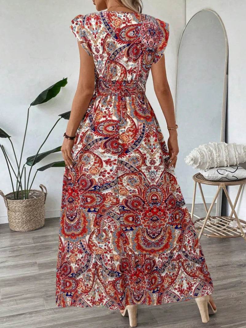 new dresses 2025 woman vestidos para mujer vintage dress Printed V-neck fashion dress Loose ruffle long dresses - AIAZ
