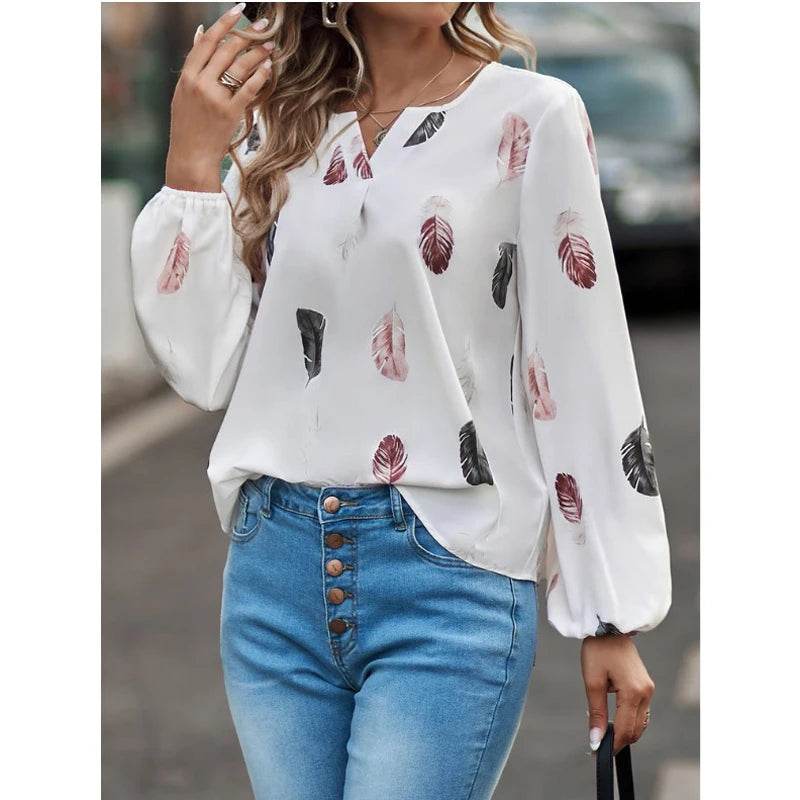 Fashion Woman Blouse Shirts For Women Stylish Top long Sleeve Feather Pattern Female Tops Elegant Chiffon Mujer Woman Clothes - AIAZ