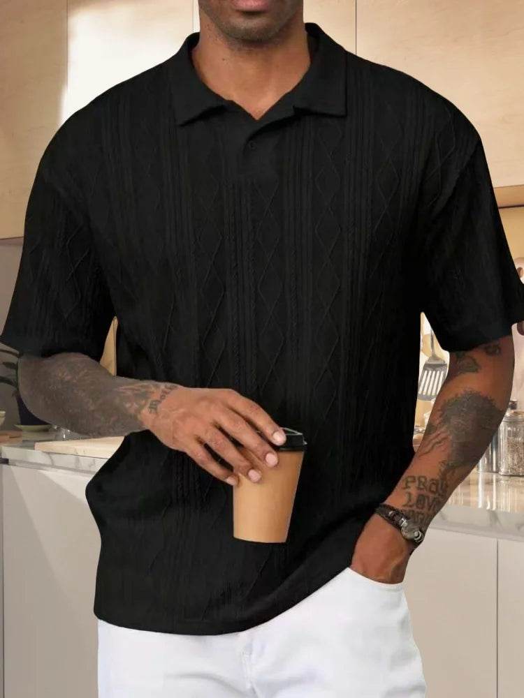 Men's 2025 retro loose texture knitted polo shirt with a lapel breathable high street casual fashion and comfortable short-sleev - AIAZ