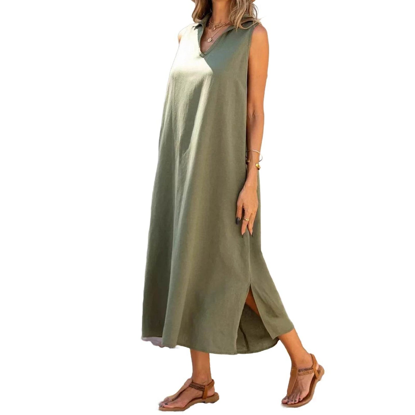 Dresses Woman Party Night V Neck Solid Color Tank Dress Cotton Linen Casual Loose Sundress Plain Long Dresses Vestidos Largos - AIAZ