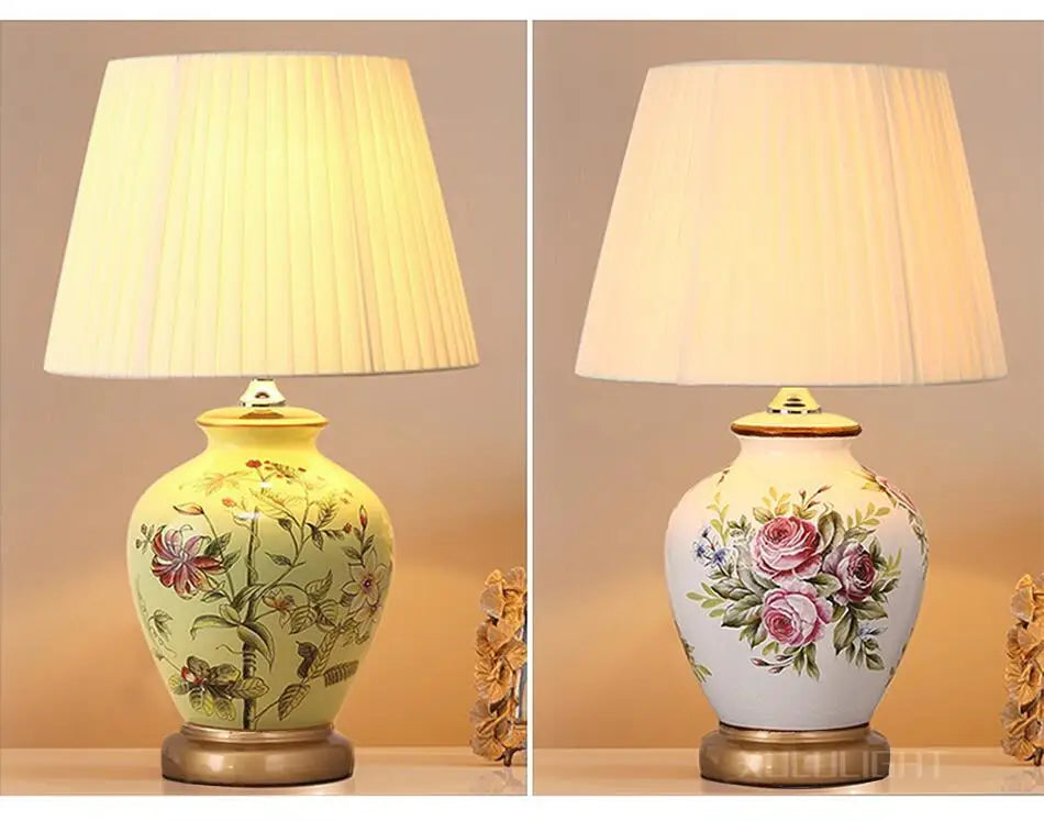 European Style Ceramic Desk Lamp Flower And Bird Painted Decorative Table Lamp Bedroom Room Bedside Table Lamp Lighting Fixture