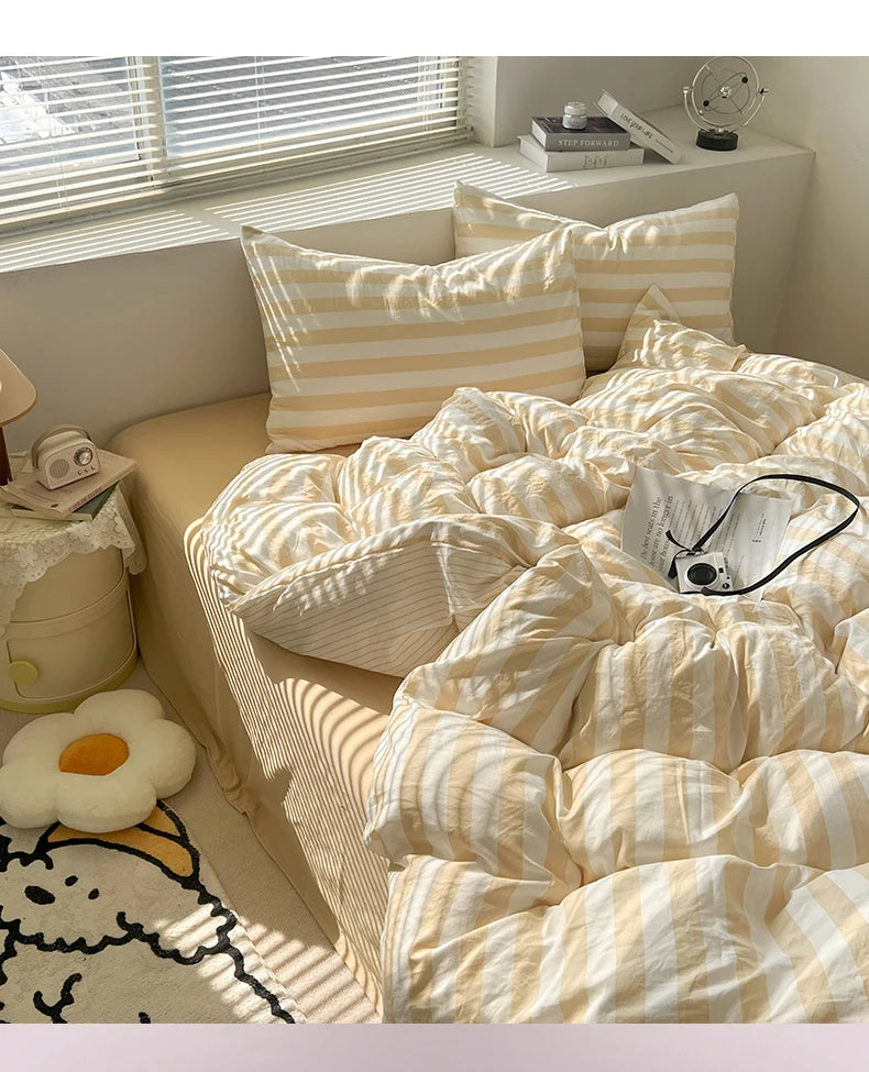 Washed Cotton Double Yarn Crepe Striped Quilt Set 3-4 Pillowcase with Sheet Bedding Cover Supplies 200x230 220x240 Skin Friendly