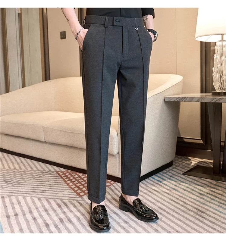 Men's business casual trousers, daily formal work pants, 2024 new high quality, plain color versatile ankle-length trousers. - AIAZ