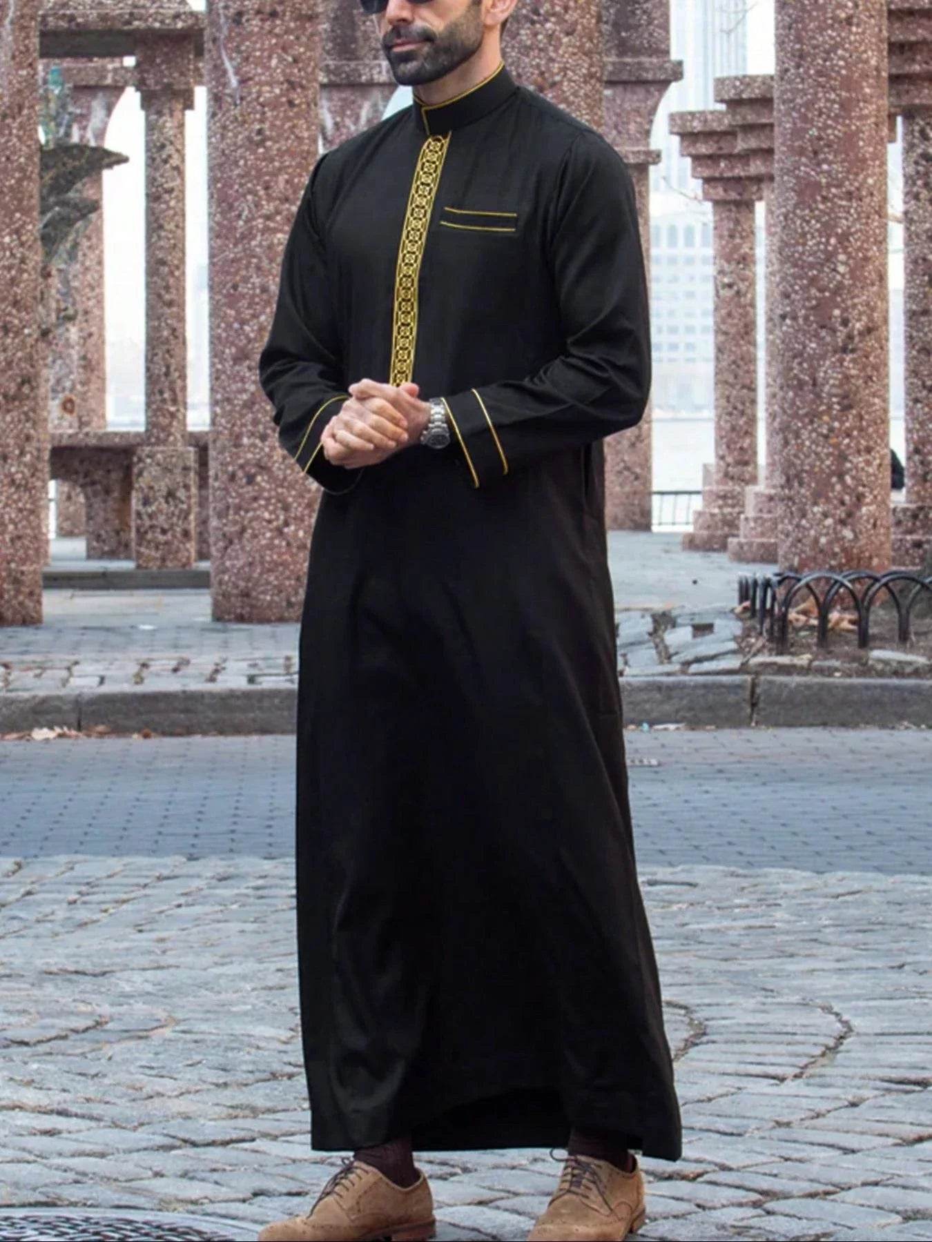 Muslim men's robe long-sleeved ethnic style embroidered stand collar Arabic clothing men's Islamic casual robe - AIAZ