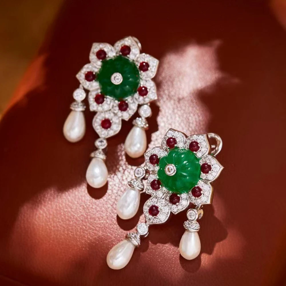 Dubai Fashion White Pearl Sythetic Green Chalcedony Tassel Beads Chain Necklaces Earrings Luxury Designer Jewelry for Women