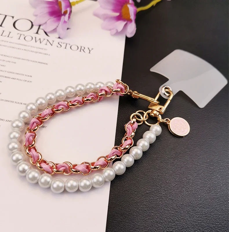 26cm Leather Pearl Camellia Mobile Phone Charm Bracelet Chain Anti-lost Universal Cell Phone Strap Rope Pendant Metal Key Chain