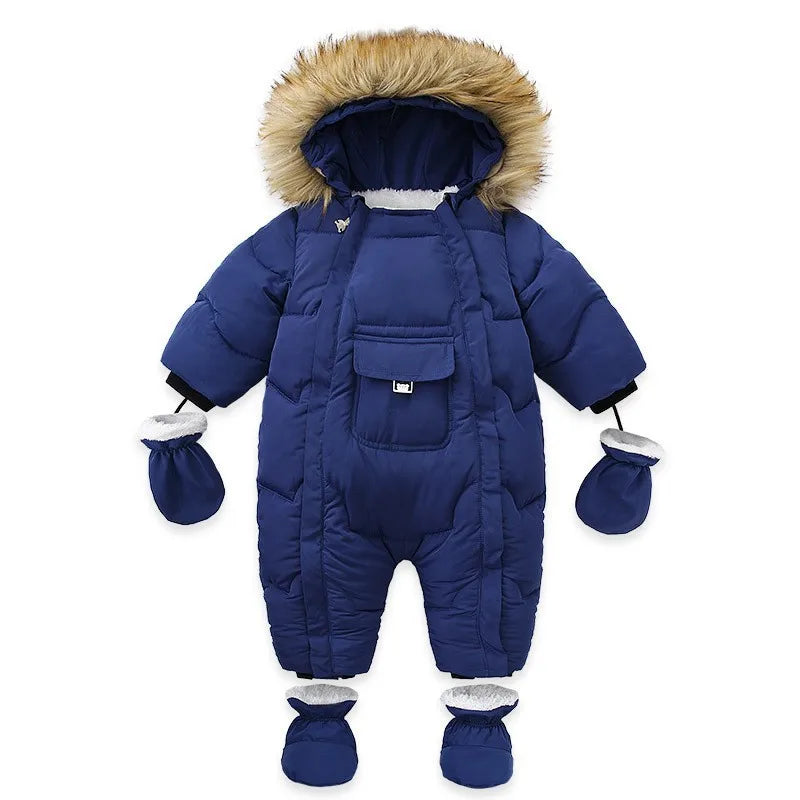 2024 New Winter Baby Rompers Thick Warm Infant Hooded Inside Fleece Jumpsuit Newborn Boy Girl Overalls Toddler Clothing Set